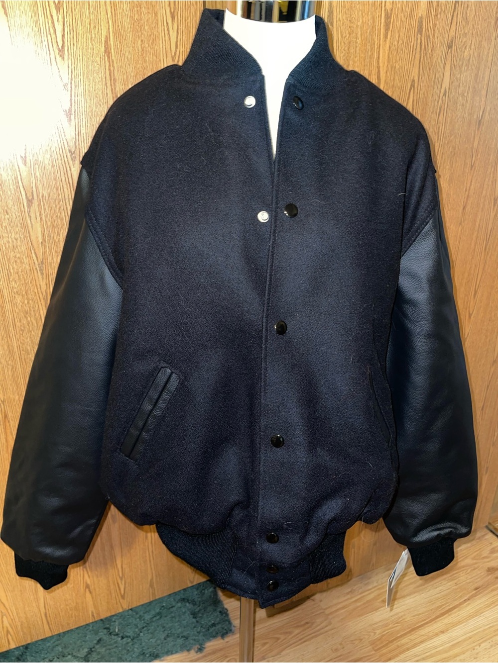 Holloway Black Wool-Blend Varsity Jacket with Black Leather Sleeves